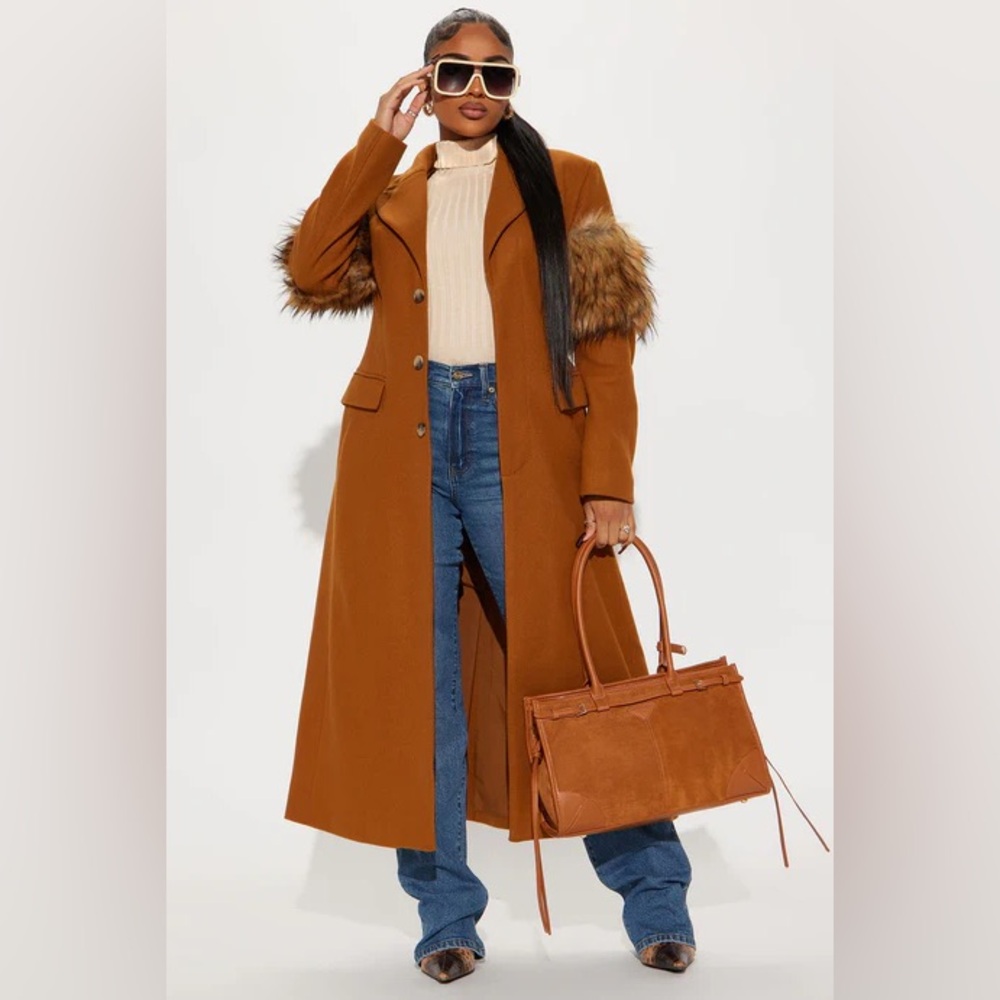Brown Long Coat with Faux Fur Trim